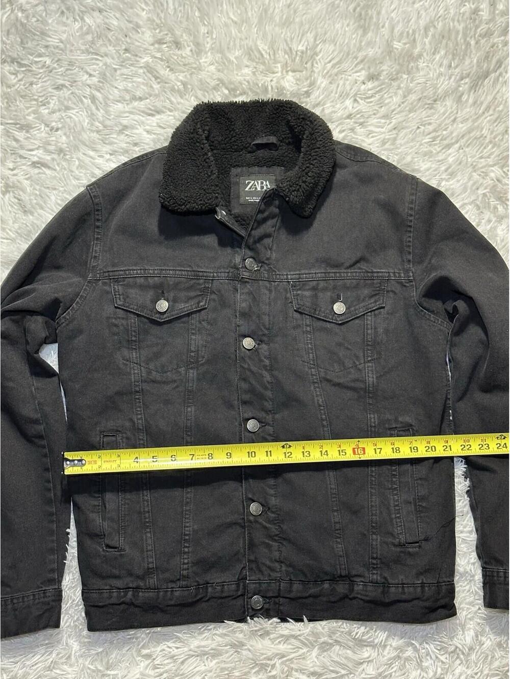 ZARA Men’s Black Fur Lined Denim Jacket Size L Sherpa Trucker Coat Workwear - Picture 6 of 9